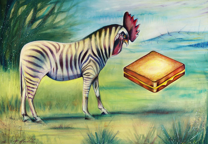 Rooster Zebra Contemplating Grilled-Cheese Sandwich by M. Forderer